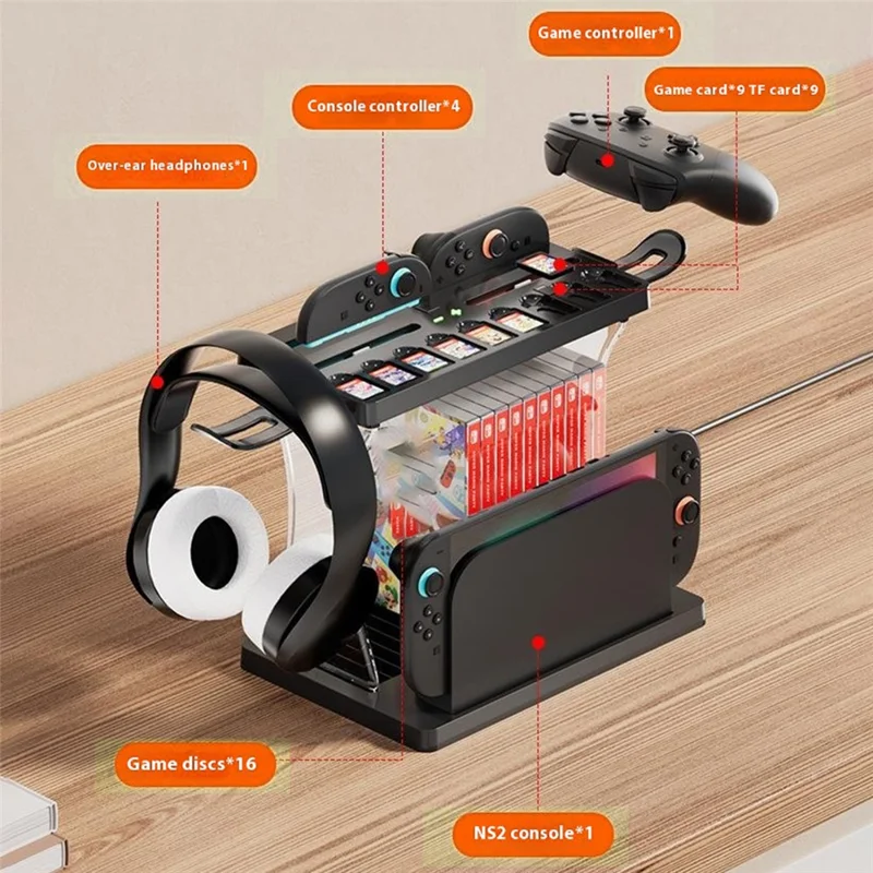 HBS-2806 For Nintendo Switch 2 Console Storage Rack Joy-Con Controller Charging Station Headset Holder Game Card Organizer
