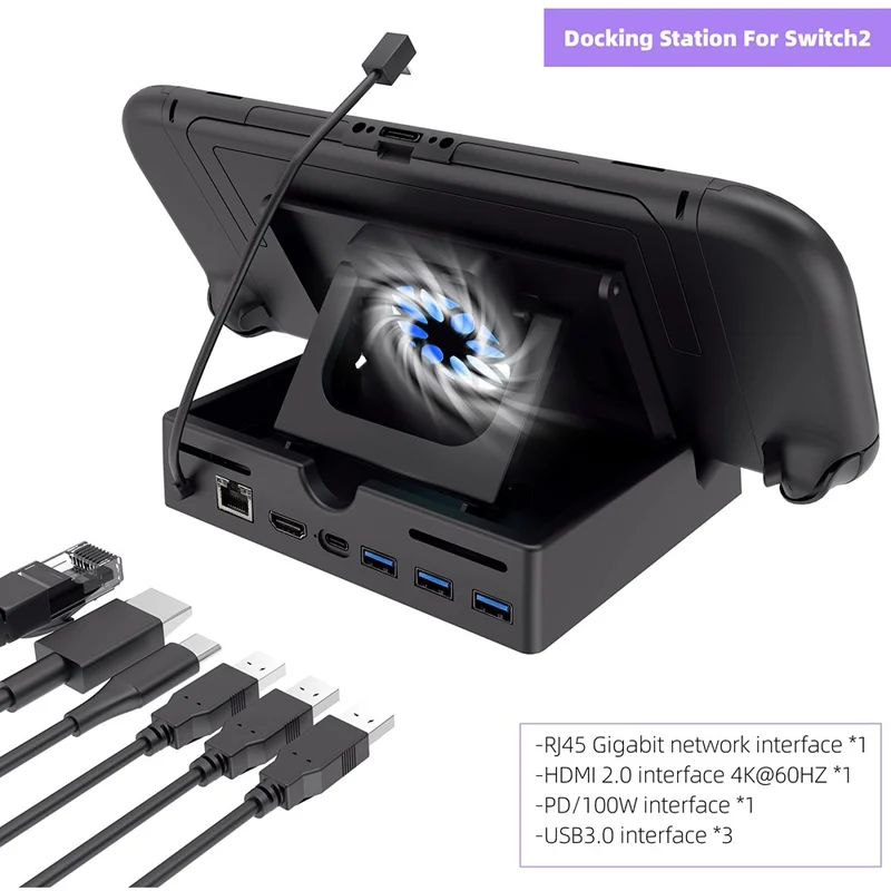 For Nintendo Switch 2 / Asus ROG Ally (2023) Multifunction Cooling Dock Expansion Hub PD 100W Fast Charging Stand with Fan