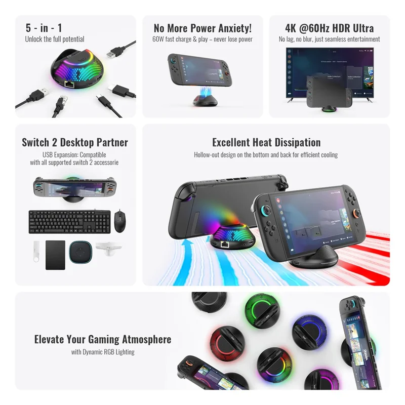 JYS-NS2289 Para Nintendo Switch 2 Soporte Portátil de Conversión de Vídeo con Puerto Ethernet Gigabit y Luz Ambiente RGB