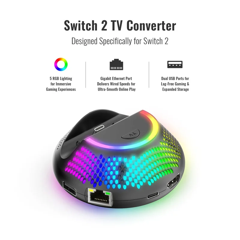 JYS-NS2289 Para Nintendo Switch 2 Soporte Portátil de Conversión de Vídeo con Puerto Ethernet Gigabit y Luz Ambiente RGB