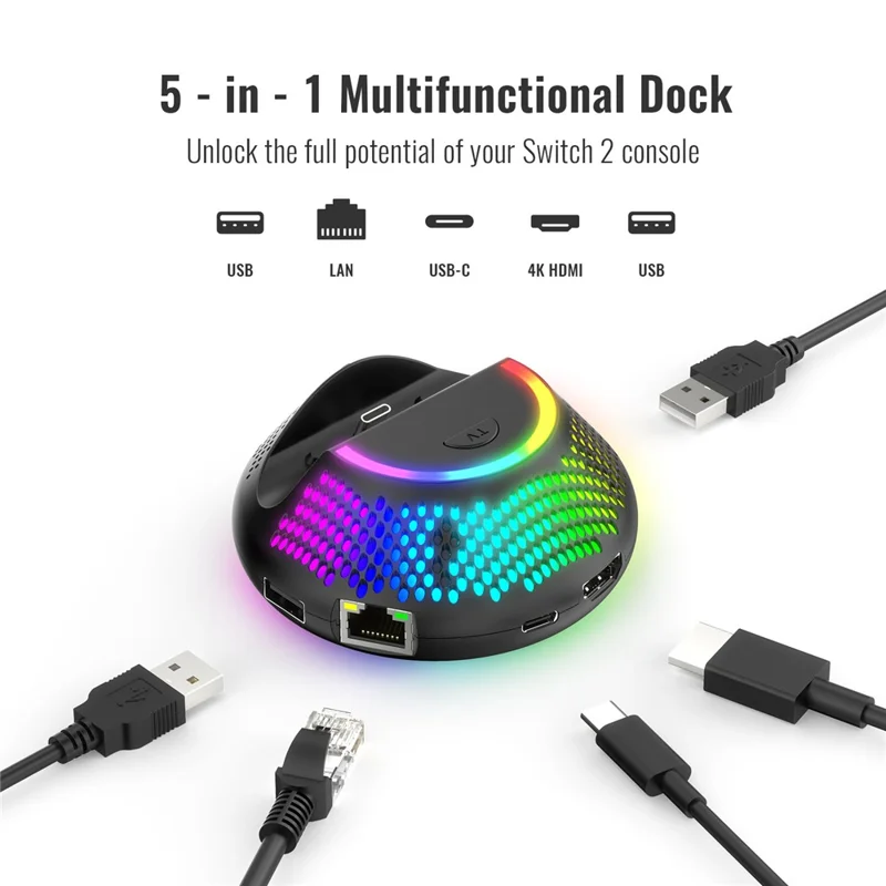 JYS-NS2289 Para Nintendo Switch 2 Soporte Portátil de Conversión de Vídeo con Puerto Ethernet Gigabit y Luz Ambiente RGB