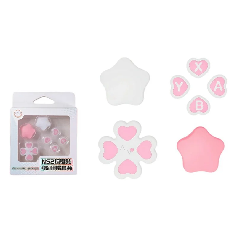Ensemble de 7 Pièces pour Nintendo Switch : Capuchons de Joystick et Boutons en Silicone Étoile et Cœur pour D-Pad et Touches ABXY - Rose+Blanc