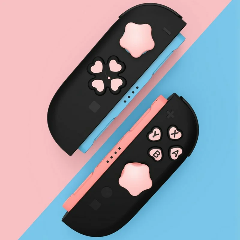Ensemble de 7 Pièces pour Nintendo Switch : Capuchons de Joystick et Boutons en Silicone Étoile et Cœur pour D-Pad et Touches ABXY - Rose+Blanc