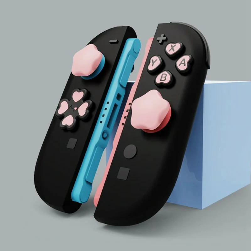 Ensemble de 7 Pièces pour Nintendo Switch : Capuchons de Joystick et Boutons en Silicone Étoile et Cœur pour D-Pad et Touches ABXY - Rose+Blanc