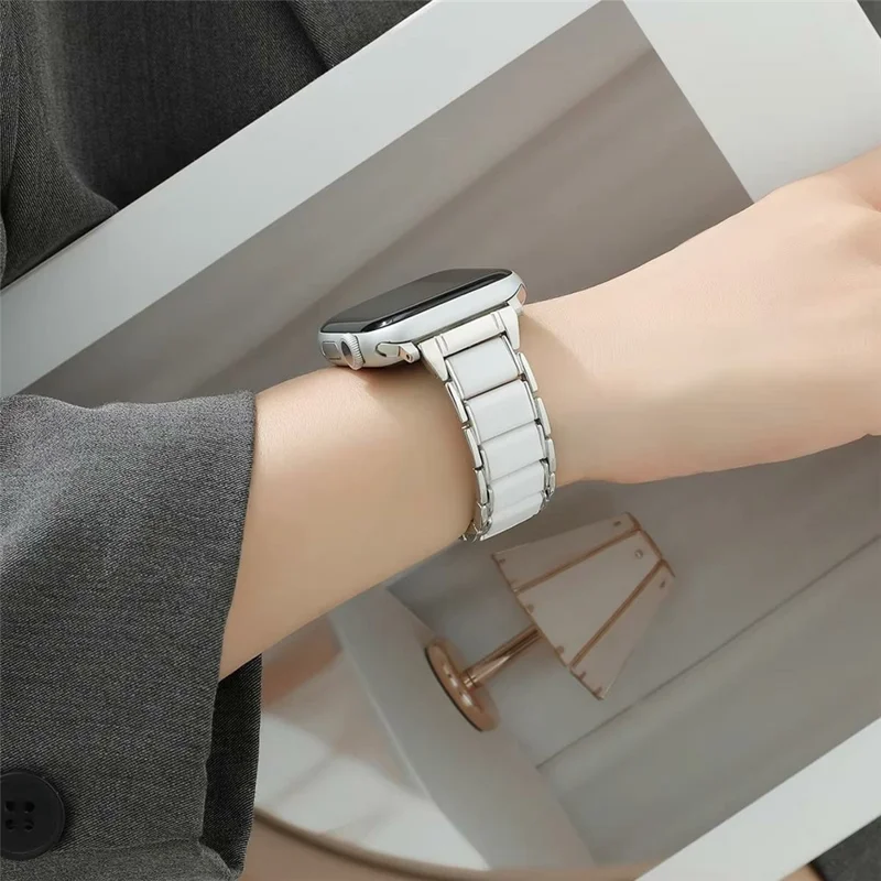 Watch Band for Apple Watch Series 10 Ultra 9 8 7 SE 6 5 4 3 2 1 46mm 49mm 45mm 44mm 42mm Ceramic + Metal 18mm Butterfly Buckle Strap - White
