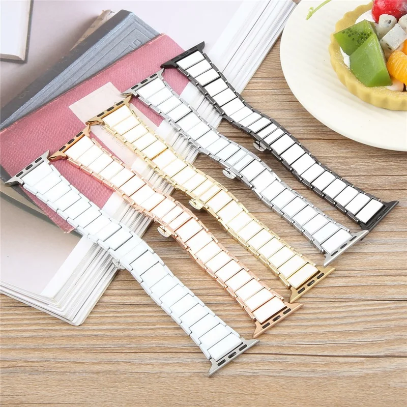 Watch Band for Apple Watch Series 10 Ultra 9 8 7 SE 6 5 4 3 2 1 46mm 49mm 45mm 44mm 42mm Ceramic + Metal 18mm Butterfly Buckle Strap - White