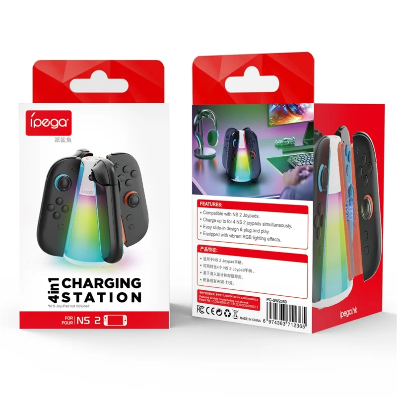 Estação de Carregamento IPEGA PG-SW2050 para Nintendo Switch com 2 Joy-Cons, Carregador 4 em 1 com Luz RGB