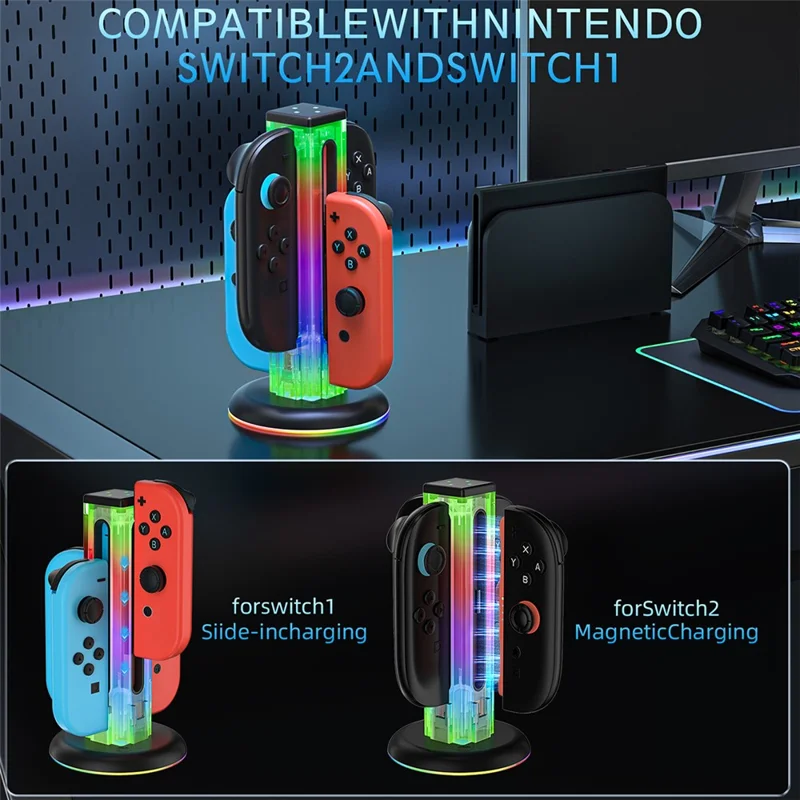 JYS-NS2318 Per Nintendo Switch 2 / Switch Docking di ricarica 4 in 1 Joy-Con Controller con luce RGB