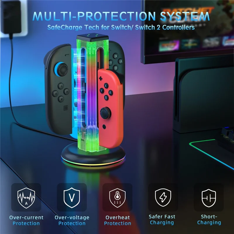 JYS-NS2318 Per Nintendo Switch 2 / Switch Docking di ricarica 4 in 1 Joy-Con Controller con luce RGB