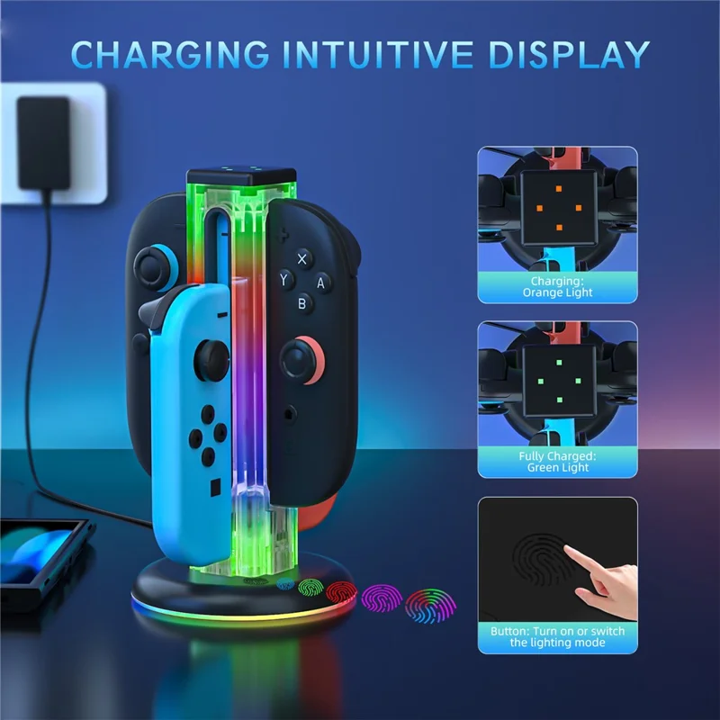 JYS-NS2318 Per Nintendo Switch 2 / Switch Docking di ricarica 4 in 1 Joy-Con Controller con luce RGB
