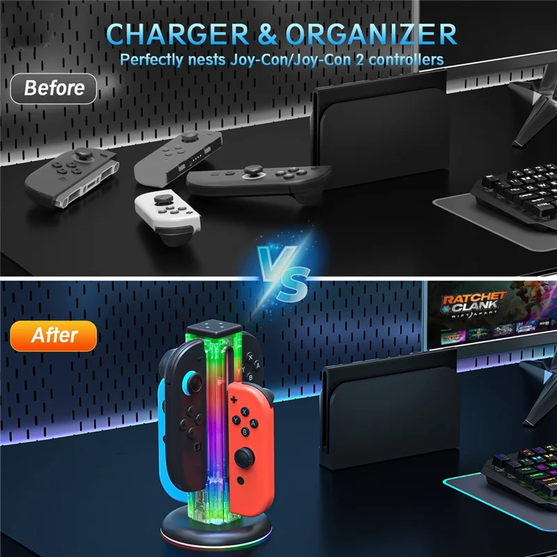 JYS-NS2318 Per Nintendo Switch 2 / Switch Docking di ricarica 4 in 1 Joy-Con Controller con luce RGB