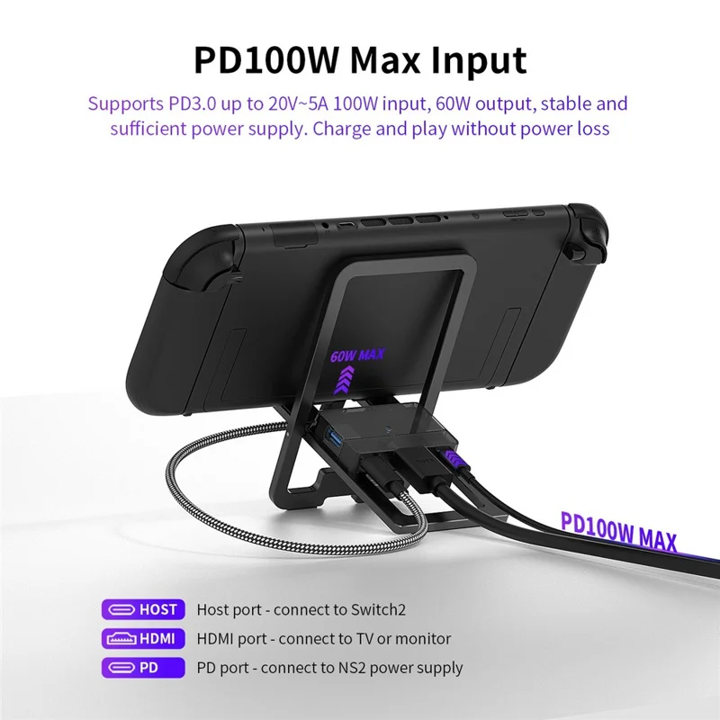 USB Folding Dock for Asus ROG Ally X / Steam Deck / Nintendo Switch 2 , Ultra Thin Aluminum Alloy Multi Port Handheld Game Console Stand - Black