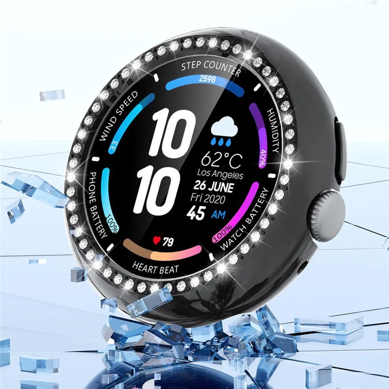 For Google Pixel Watch 4 45mm Case Single Row Rhinestone Decorative Hollow Design PC Watch Cover - Black