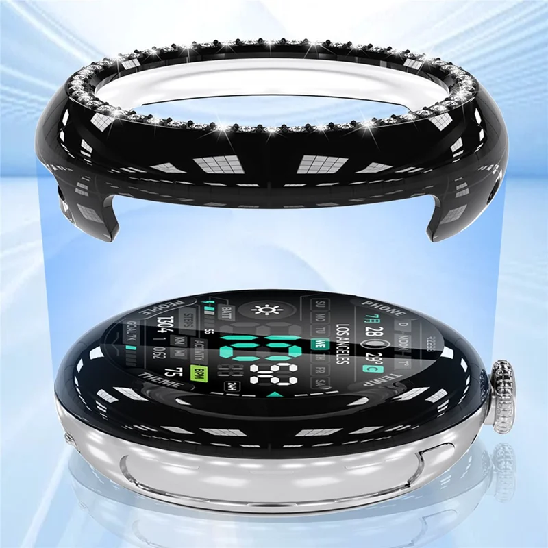 For Google Pixel Watch 4 45mm Case Single Row Rhinestone Decorative Hollow Design PC Watch Cover - Black