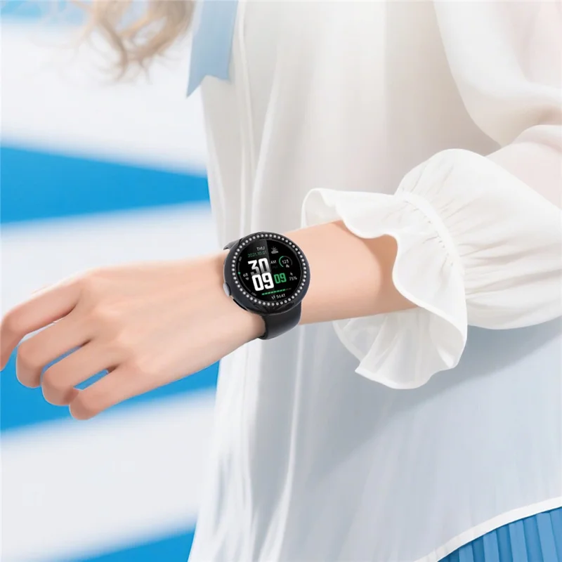 For Google Pixel Watch 4 45mm Case Single Row Rhinestone Decorative Hollow Design PC Watch Cover - Black