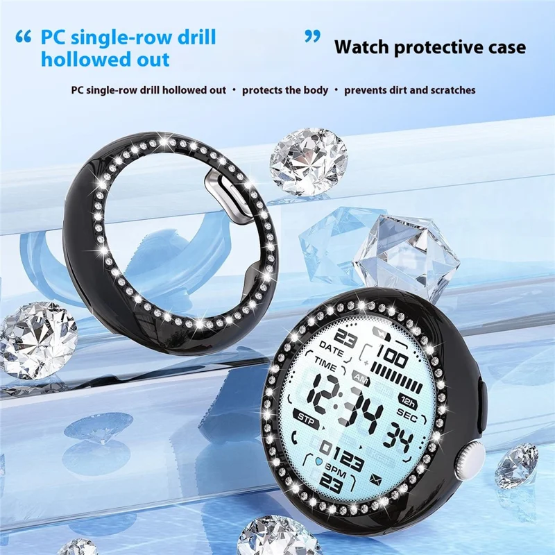 For Google Pixel Watch 4 45mm Case Single Row Rhinestone Decorative Hollow Design PC Watch Cover - Black