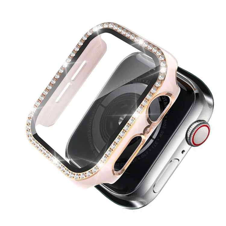 Electroplating Crystal PC Case Frame Cover with Tempered Glass Screen Protector for Apple Watch 4 / 5 / 6 / SE / SE (2022) 40mm - Pink / Gold
