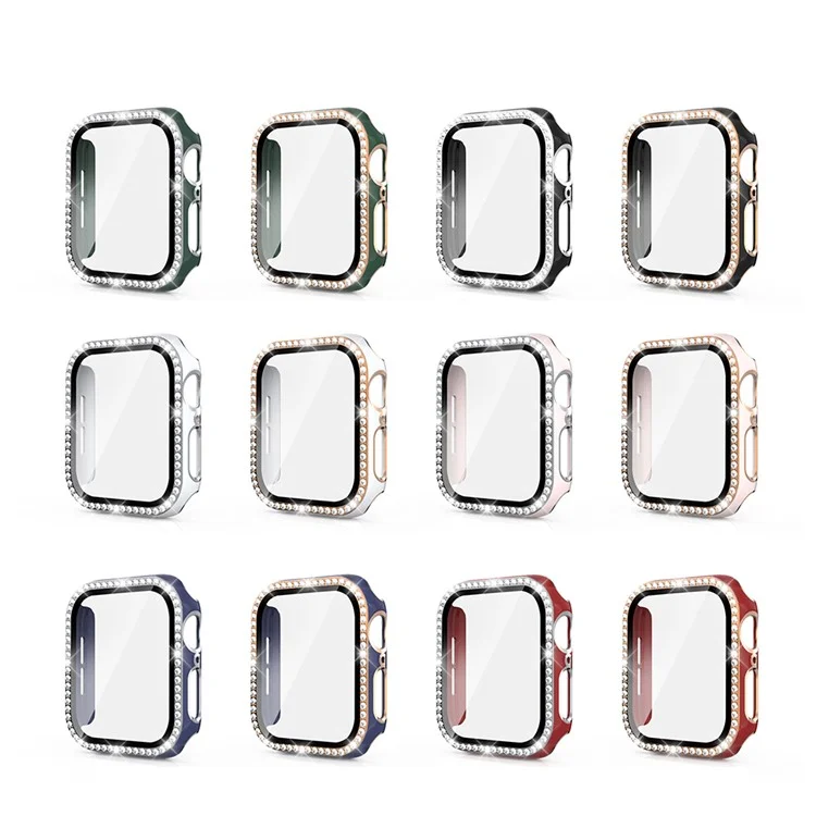 Electroplating Crystal PC Case Frame Cover with Tempered Glass Screen Protector for Apple Watch 4 / 5 / 6 / SE / SE (2022) 40mm - Pink / Gold