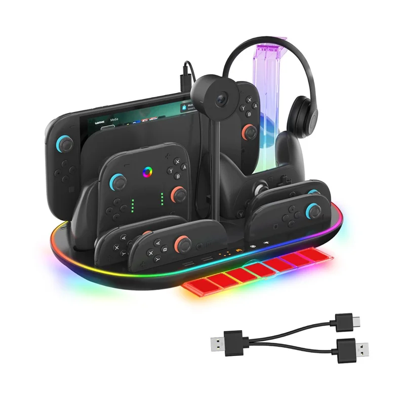 JYS JYS-NS2322 For Nintendo Switch 2 Cooling Dock Controller Charging Station Game Card Headset Holder with RGB Light - Black