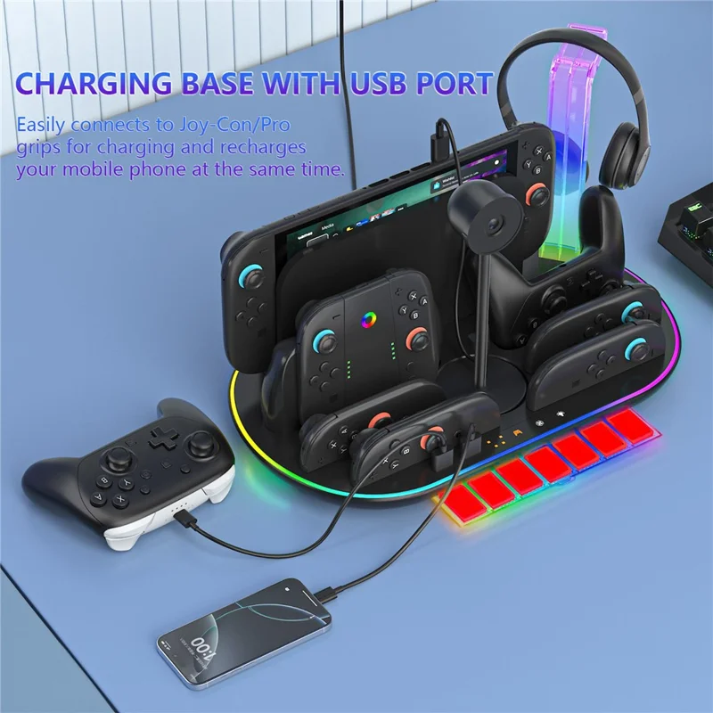 JYS JYS-NS2322 For Nintendo Switch 2 Cooling Dock Controller Charging Station Game Card Headset Holder with RGB Light - Black