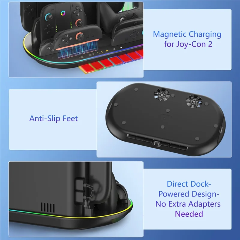JYS JYS-NS2322 For Nintendo Switch 2 Cooling Dock Controller Charging Station Game Card Headset Holder with RGB Light - Black