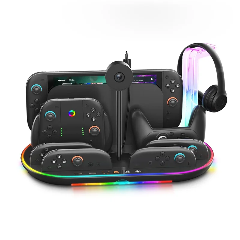 JYS JYS-NS2322 For Nintendo Switch 2 Cooling Dock Controller Charging Station Game Card Headset Holder with RGB Light - Black
