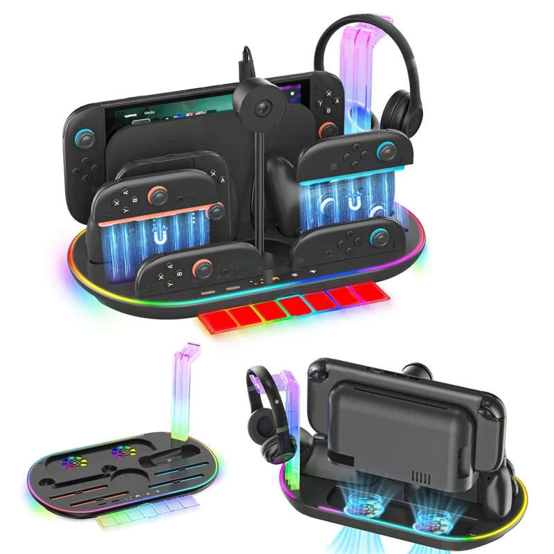 JYS JYS-NS2322 For Nintendo Switch 2 Cooling Dock Controller Charging Station Game Card Headset Holder with RGB Light - Black