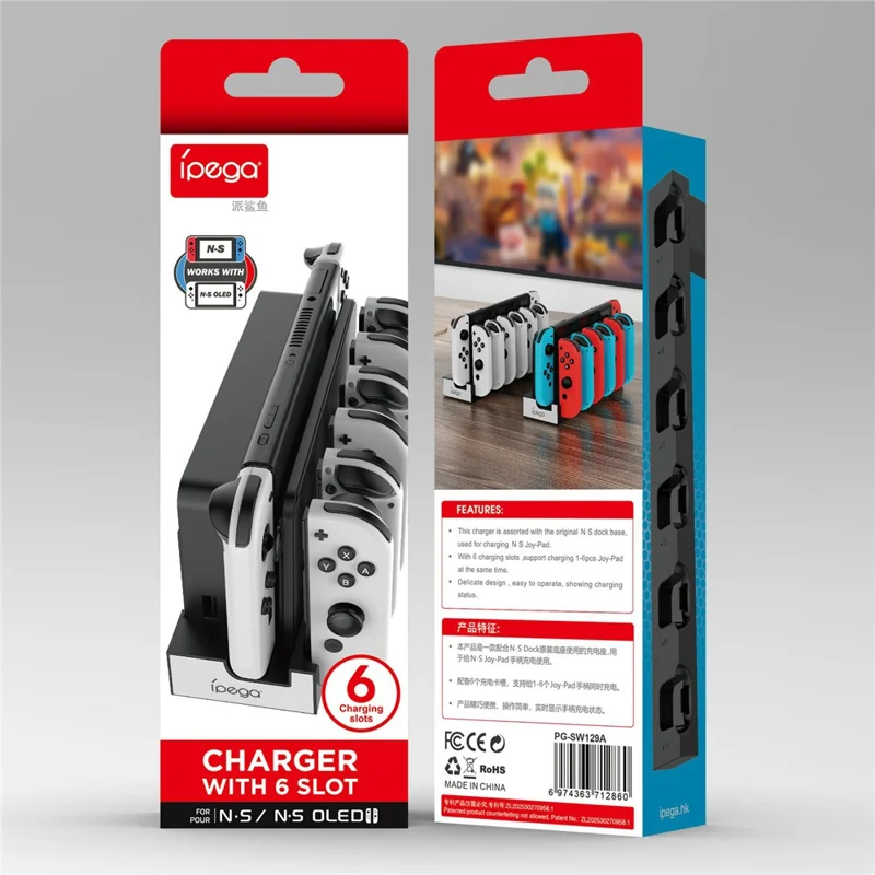 IPEGA PG-SW129 per Nintendo Switch / Switch OLED Stazione di ricarica 6 in 1 per Joy-Con - Nero / Bianco