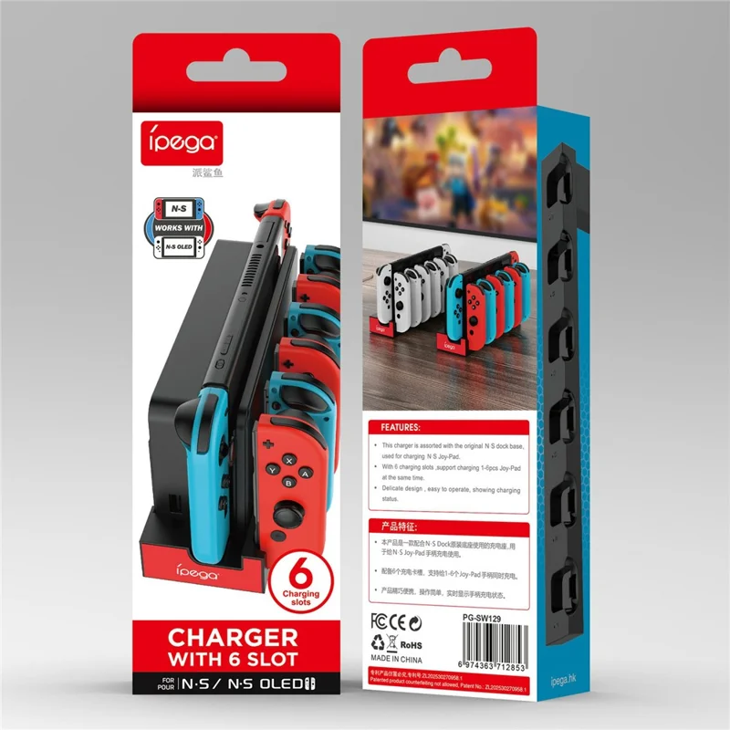 IPEGA PG-SW129 For Nintendo Switch / Switch OLED 6 in 1 Charger Dock Joy-Con Charging Station - Black  /  Red