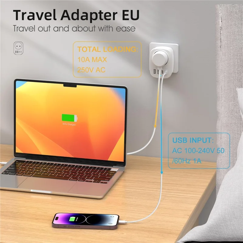 5 in 1 20W EU Plug Travel Adapter 1 AC Port + 2 USB-C + 2 USB-A Socket Converter
