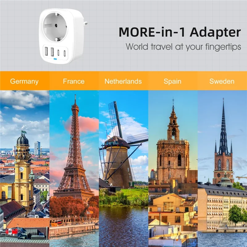 5 in 1 20W EU Plug Travel Adapter 1 AC Port + 2 USB-C + 2 USB-A Socket Converter