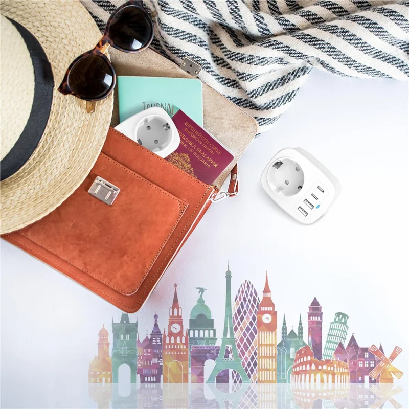 5 in 1 20W EU Plug Travel Adapter 1 AC Port + 2 USB-C + 2 USB-A Socket Converter
