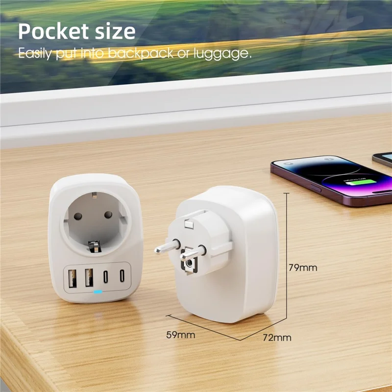 5 in 1 20W EU Plug Travel Adapter 1 AC Port + 2 USB-C + 2 USB-A Socket Converter