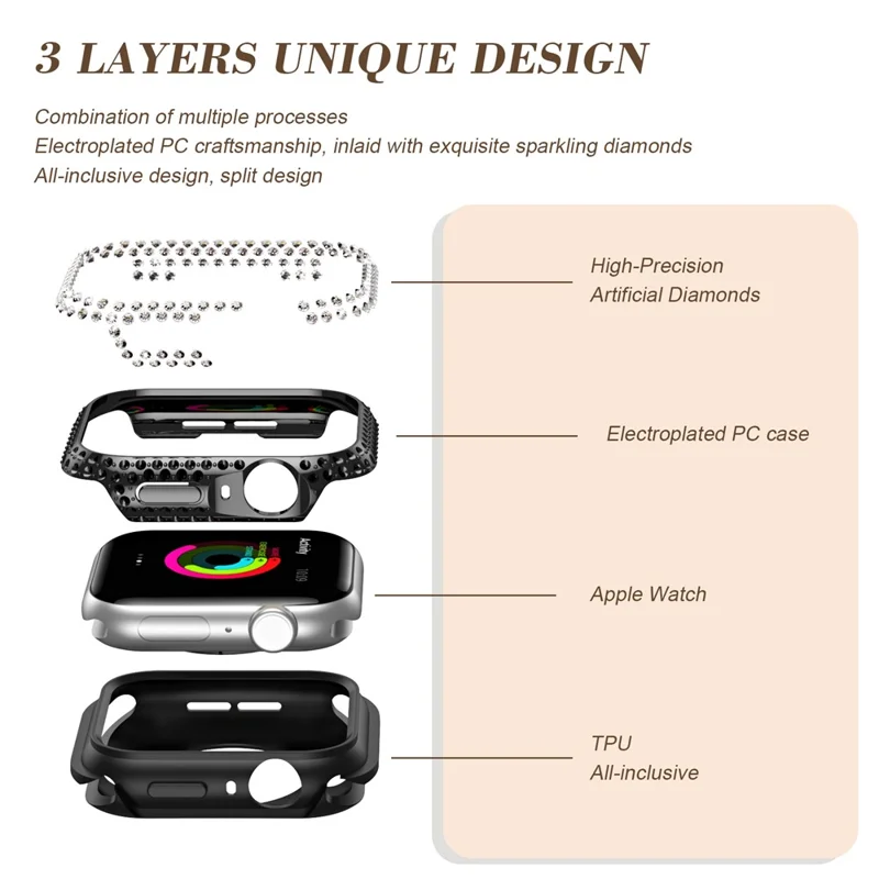 Watch Case for Apple Watch Series 9 / 8 / 7 45mm PC TPU Electroplated Watch Cover with Rhinestone Decor - Black