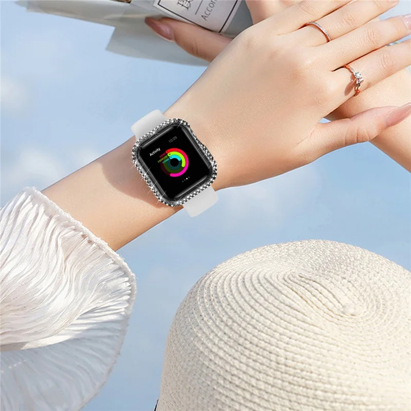 Watch Case for Apple Watch Series 9 / 8 / 7 45mm PC TPU Electroplated Watch Cover with Rhinestone Decor - Black