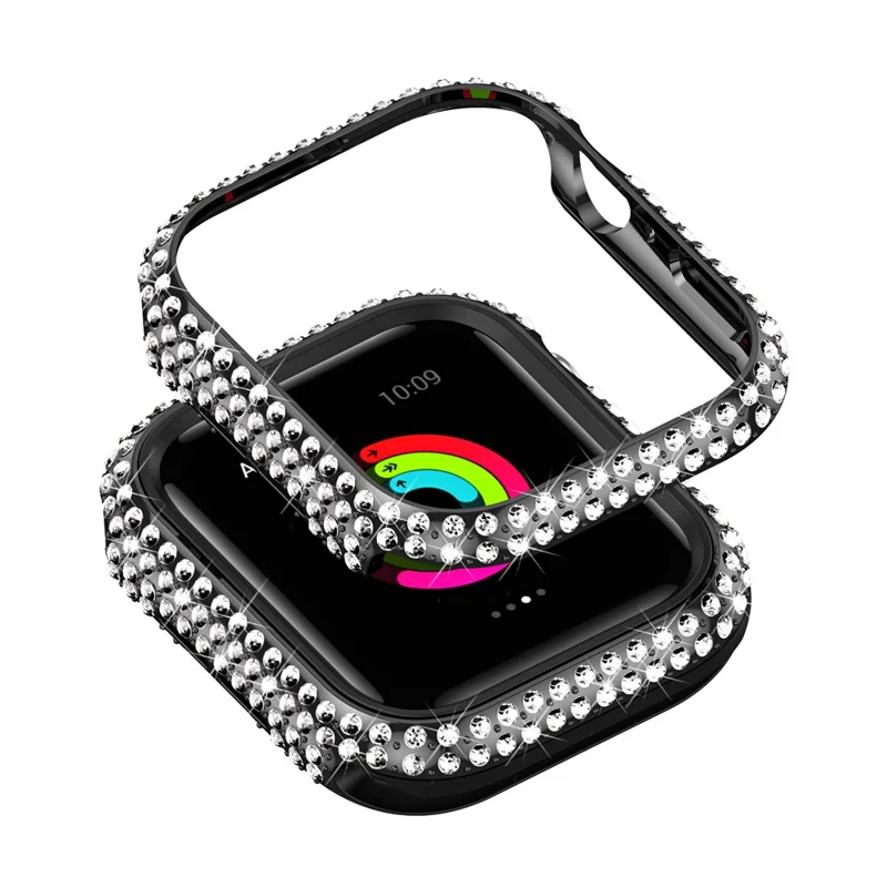 Watch Case for Apple Watch Series 9 / 8 / 7 41mm PC TPU Electroplated Watch Cover with Rhinestone Decor - Black