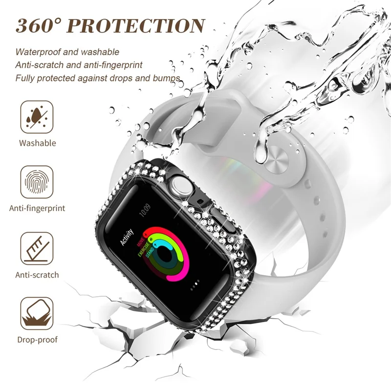 Watch Case for Apple Watch Series 9 / 8 / 7 41mm PC TPU Electroplated Watch Cover with Rhinestone Decor - Black