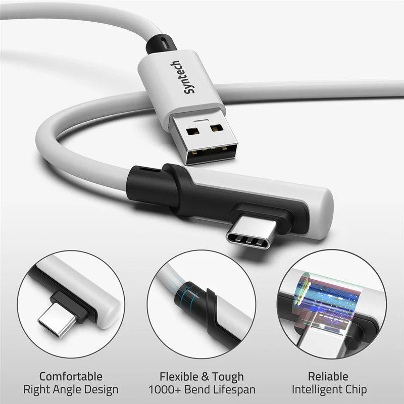 SYNTECH 5 m Kabla USB A do USB C w kształcie litery L, kabel połączeniowy VR do Meta Quest 3S / Quest 3 / Quest 2 / Pro / Pico 4, przewód danych do gier VR na PC - Biały