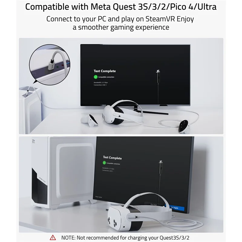 SYNTECH 5 m Kabla USB A do USB C w kształcie litery L, kabel połączeniowy VR do Meta Quest 3S / Quest 3 / Quest 2 / Pro / Pico 4, przewód danych do gier VR na PC - Biały