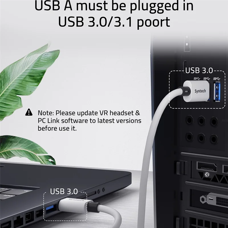 SYNTECH 5 m Kabla USB A do USB C w kształcie litery L, kabel połączeniowy VR do Meta Quest 3S / Quest 3 / Quest 2 / Pro / Pico 4, przewód danych do gier VR na PC - Biały