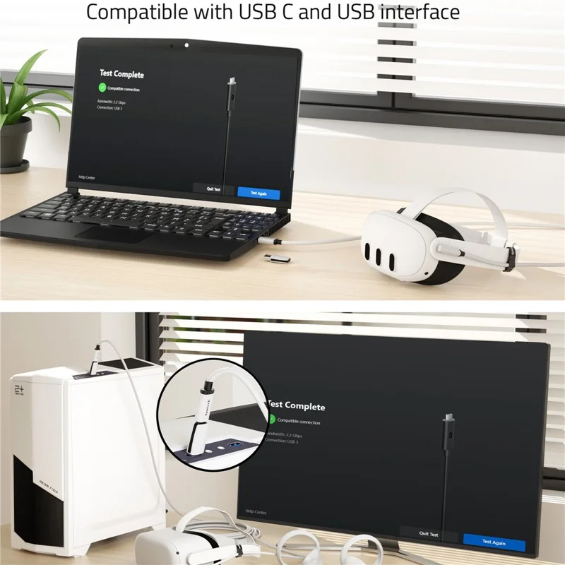 SYNTECH 5 m 2 w 1 Kabel USB + Typ C do VR do Meta Quest 3S / Quest 3 / 2 / Pro / Pico 4, Przewód do Przesyłania Danych – Biały