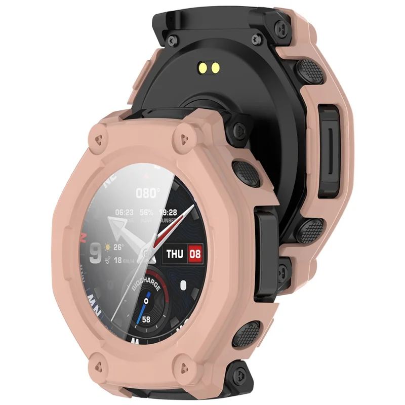 For Huami Amazfit T-Rex 3 Pro 48mm Watch Case PC Frame Cover with Tempered Glass Screen Film - Pink