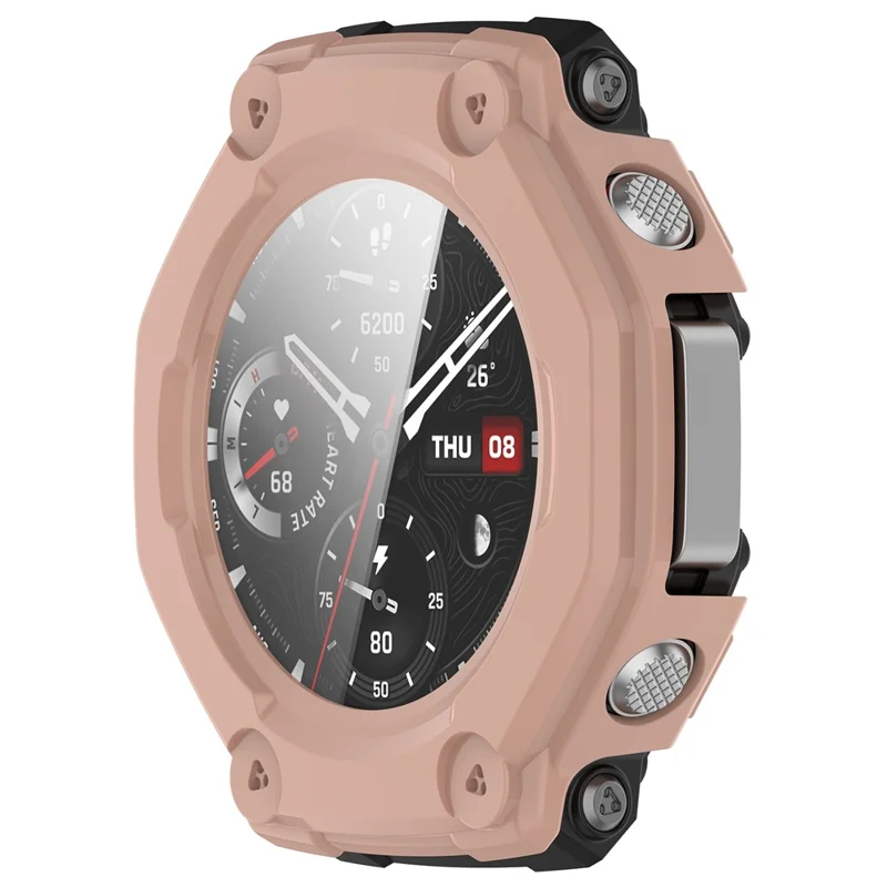 For Huami Amazfit T-Rex 3 Watch Case PC Frame Cover with Tempered Glass Screen Film - Pink
