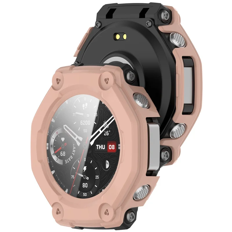 For Huami Amazfit T-Rex 3 Watch Case PC Frame Cover with Tempered Glass Screen Film - Pink