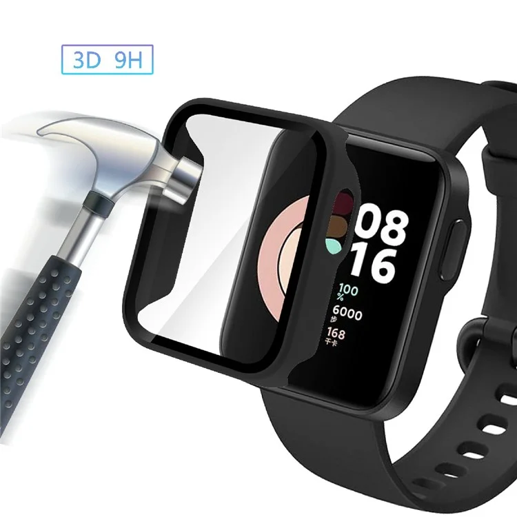 Rubberized PC Edge Frame with Tempered Glass Screen Protector Case for Xiaomi Redmi Watch - Black