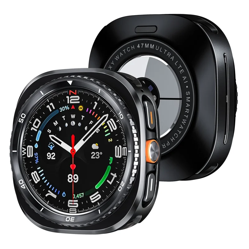 For Samsung Galaxy Watch Ultra 47mm Case Transfer to Samsung Galaxy Watch8 Classic 46mm Gear Pattern Zinc Alloy + PC Watch Protective Cover - Black + White