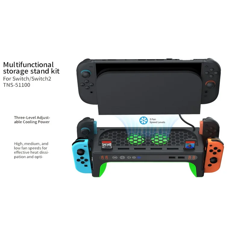 DOBE FOMIS ELECTRONICS TNS-51100 For Nintendo Switch 2  /  Switch Console Dock Cooling Fan Controller Charging Stand with RGB Lights Game Card Storage - Black