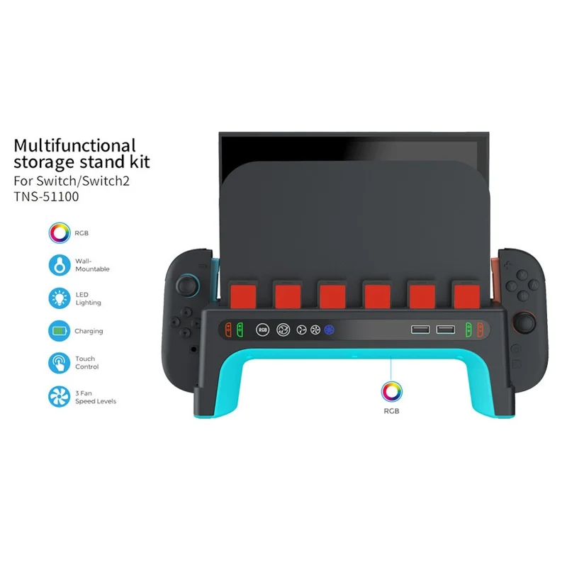 DOBE FOMIS ELECTRONICS TNS-51100 For Nintendo Switch 2  /  Switch Console Dock Cooling Fan Controller Charging Stand with RGB Lights Game Card Storage - Black