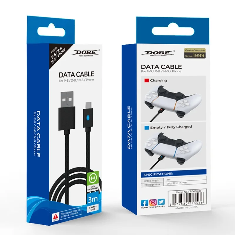 DOBE FOMIS ELECTRONICS TY-0803B 3m Gaming Controller Charging Cable for Sony PlayStation 5 / Nintendo Switch / Xbox Series USB-A to USB-C Data Cord - Black
