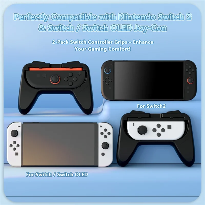 Pour Nintendo Switch OLED / Switch 2 Lot de 2 poignées de manette de jeu Confort ergonomique Support portable avec patins en caoutchouc souple - Noir